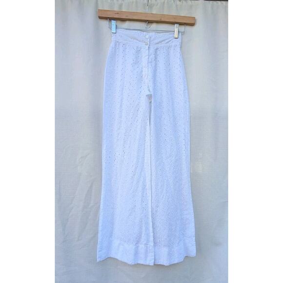 Juniors White High Rise Wide Leg Swim Cover Pants 5/6 Boho Beach Eyelet Coastal - Picture 2 of 7